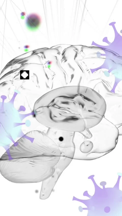Animation of covid 19 cells with human brain spinning Stock Footage 342136396