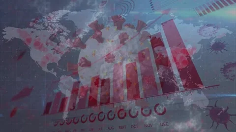 Animation of covid 19 cells over world map and data processing Stock Footage 329919480