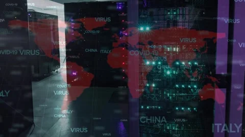 Animation of covid 19 data processing and world map over computer servers Stock Footage 329101319