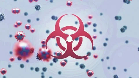 Animation of covid 19 virus cells and biohazard icon over white background Stock Footage 328086494
