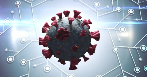 Animation of a covid cell spinning over microprocessor connections Stock Footage 147870183