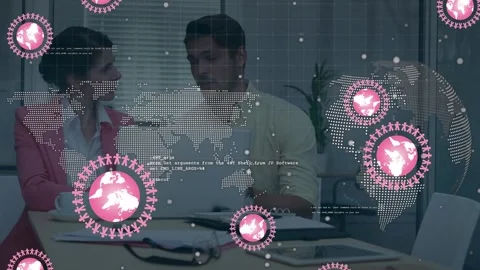 Animation of covid cells and data processing over world map Stock Footage 329496542