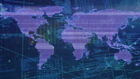 Animation of covid cells over world map and data processing Stock Footage 329367899
