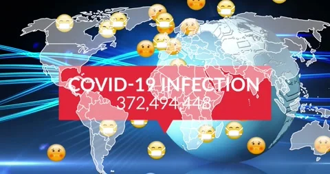 Animation of covid data processing over multiple sick emojis with face masks Stock Footage 328456234