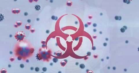 Animation of covid virus cells and biohazard icon over white background Stock Footage 328095953