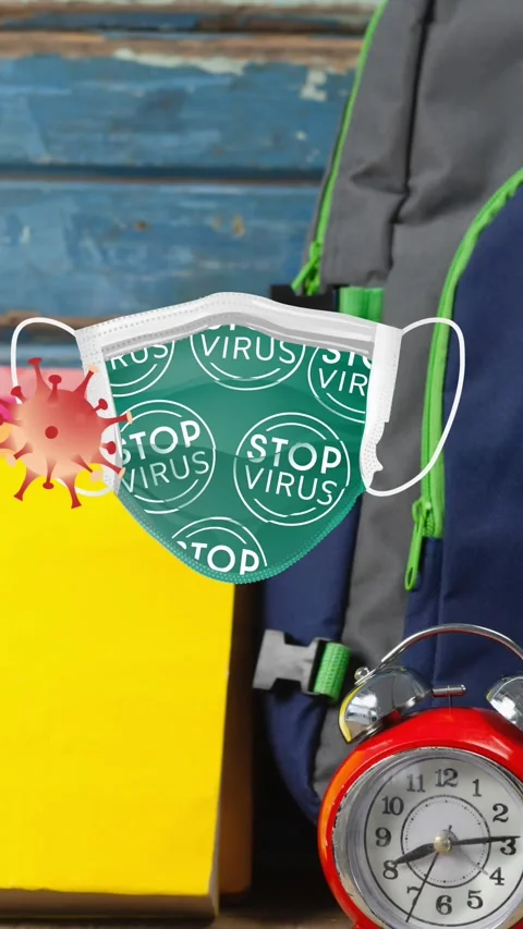 Animation of covid viruses bouncing against stop virus face mask, over alarm Video stock 342613215
