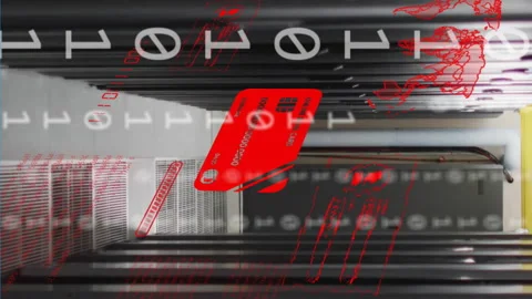 Animation of credit cards, binary coding and data processing over computer Stock Footage 314609844