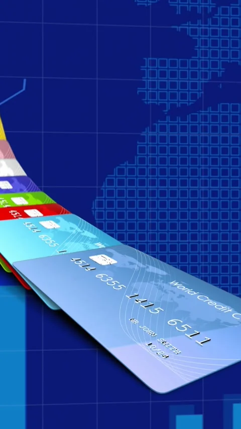 Animation of credit cards over statistic and financial data processing and world Stock Footage 342097718