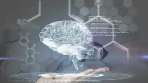 Animation of cropped hand with digital brain, programming code over caucaisan Stock Footage 328239794