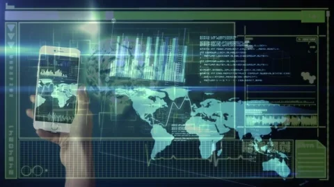 Animation of cropped hand using cellphone over map, bar graphs and human brain Stock Footage 222833077