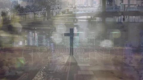 Animation of cross and computing board over cityscape Stock Footage 331200991