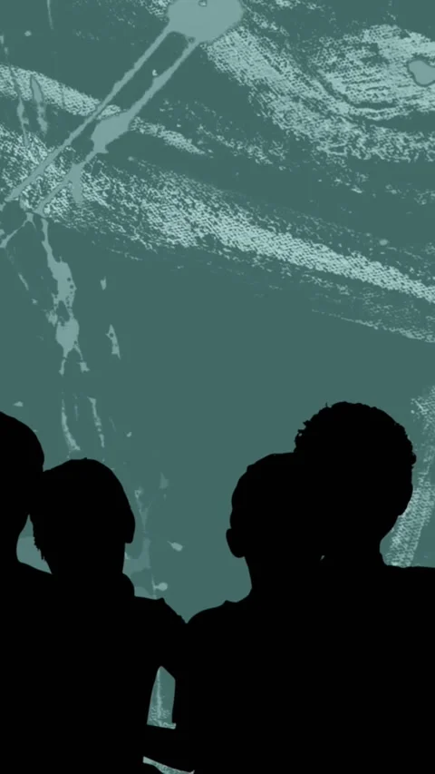 Animation crowd silhouette over organic paint brush strokes moving over mid Stock Footage 323922447
