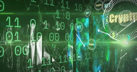 Animation of crypto in circle over binary code on green background 库存影片 192370890