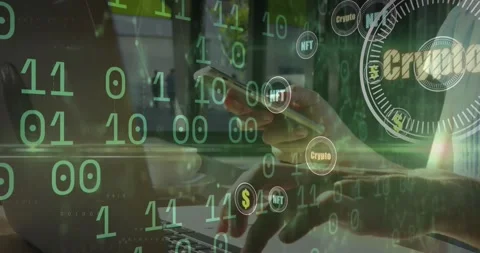 Animation of crypto in circles and binary code over hands of caucasian Stock Footage 192373637