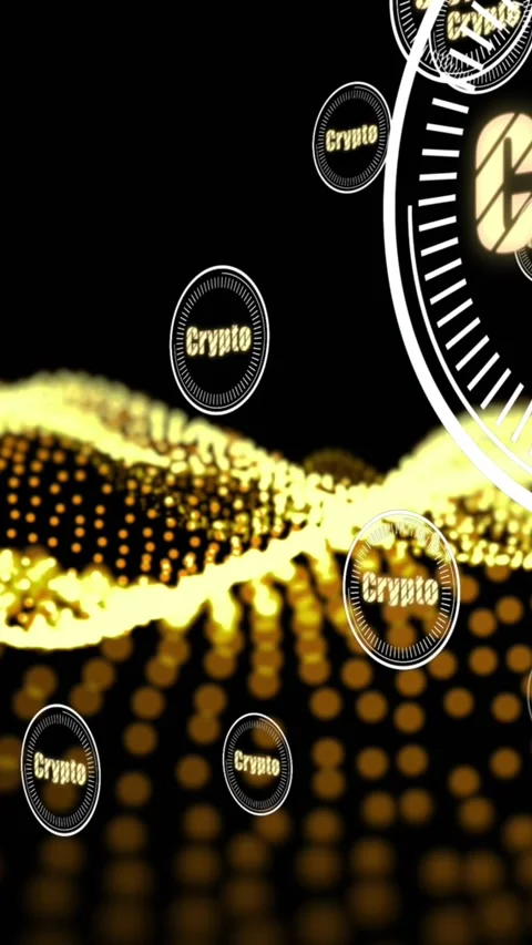 Animation of crypto in circles over yellow glitter on black background Stock Footage 324024021