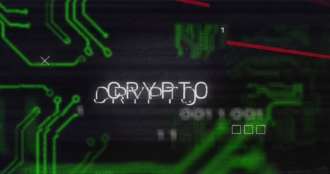 Animation of crypto text banner over microprocessor connections and binary Stockbeeldmateriaal 255104977