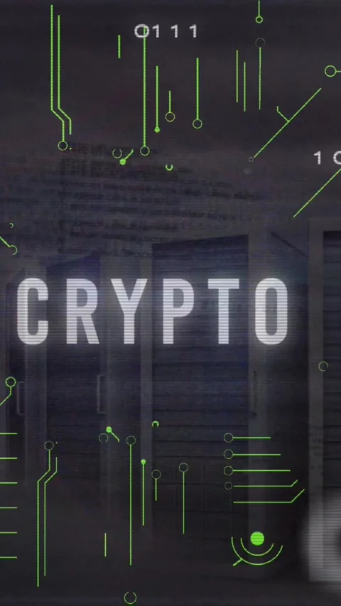 Animation of crypto text, binary codes, computer language over data server racks Stock Footage 320983955