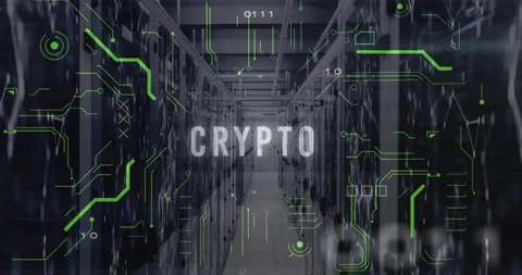 Animation of crypto text, x sign, binary codes and circuit board patterns over Stock Footage 247261427