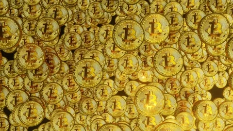 Animation of cryptocurrency Bitcoin. Thousands of Bitcoin gold coins flying Stock Footage 300658243