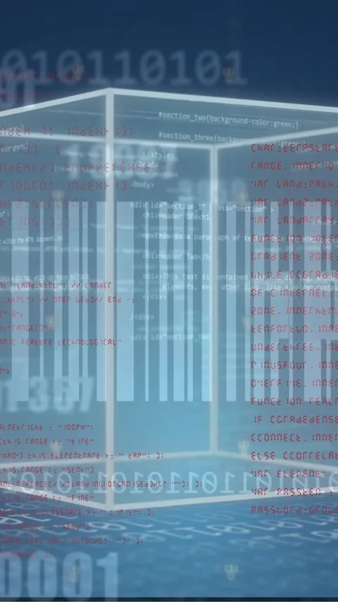 Animation of cube bar code and data processing over binary coding Stock Footage 320759237