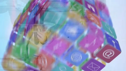 Animation of cube with icons over diverse businesspeople having meeting in Video stock 312726193