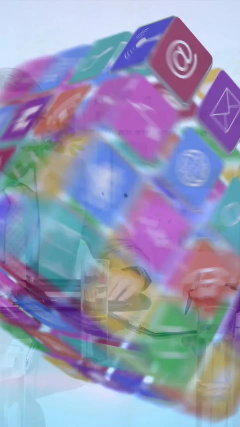 Animation of cube with icons over diverse businesspeople having meeting in Stock Footage 323340086