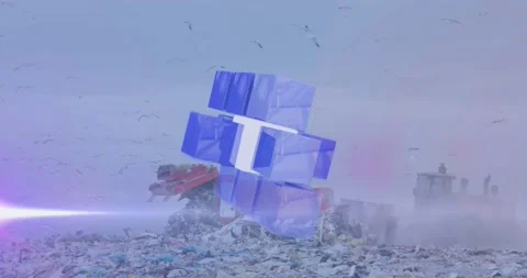Animation of cube pattern and lens flare over garbage spilling out of garbage Stock Footage 221007933