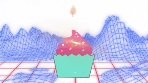 Animation of cupcake icon with light trails and digital mountains on white Stock Footage 327063178