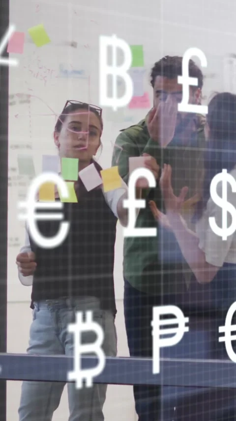 Animation of currency and financial data processing over diverse business people Stockbeeldmateriaal 320444539