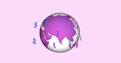Animation of currency icons over globe on pink background Vídeo Stock 268406473