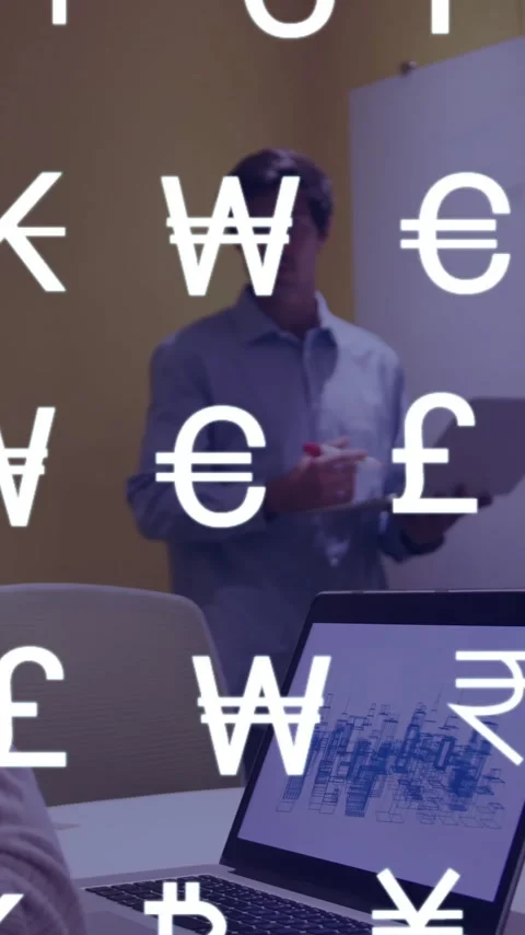 Animation of currency symbols and data processing over diverse business people Stock Footage 342613088