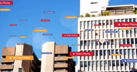 Animation of cursor moving over social media icons and text on multi coloured Stock Footage 330781964