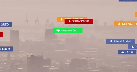 Animation of cursors, notification labels over aerial view of fog covered modern Video stock 236727087