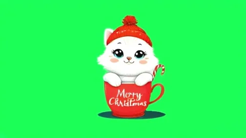 Animation cute cat characters sitting inside red mugs on green background. Stock Footage 283421487