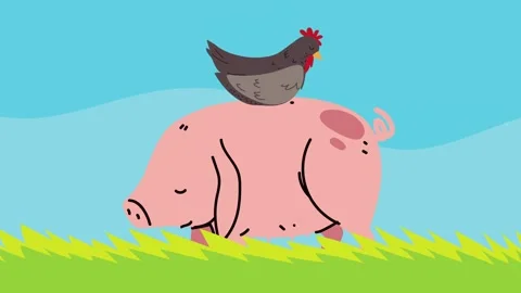 Animation of a cute pig walking with a chicken sitting on its back in a far.. Stock Footage 338422895
