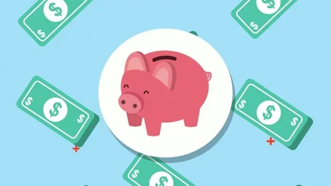 Animation of cute piggy bank surrounded by floating dollar banknotes on lig.. Stock Footage 339211971