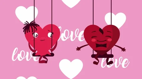 Animation of cute red heart characters swinging on swings with flying white.. Stock Footage 339113047