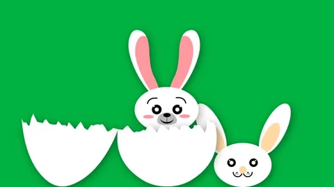 Animation of cute white bunny braking egg on green screen. Concept for east.. Stock Footage 266788009