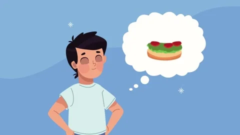Animation of cute young boy thinking about delicious cheeseburger meal isol.. Stock Footage 339258024