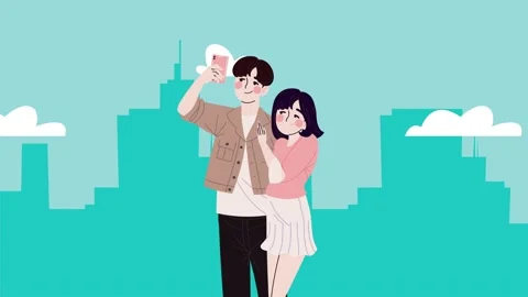 Animation of cute young couple taking selfie with smartphone against urban .. Stock-Footage 334161112