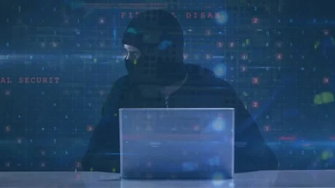 Animation of cyber attack text and data processing over hacker in balaklava with Stock Footage 328523023