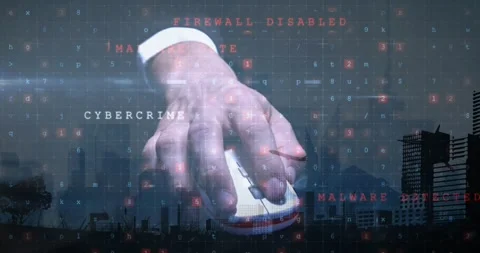 Animation of cyber attack warning and hand holding mouse over cityscape Video stock 328821404
