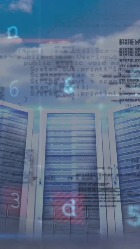 Animation of cyber attack warning and data processing over server room Stock Footage 342601054