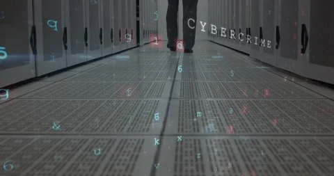 Animation of cyber attack warning, data processing over computer servers and Stock Footage 330478280