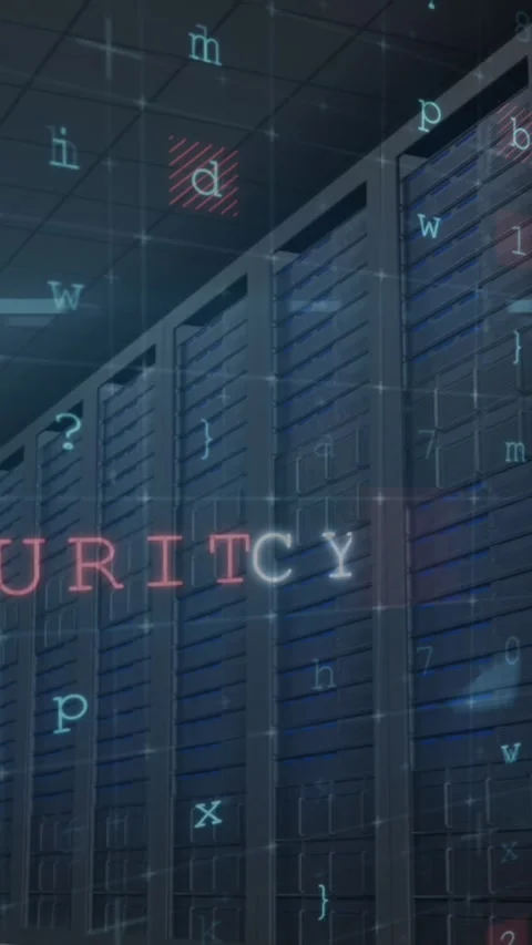Animation of cyber attack warning with letters and numbers over server room Stock Footage 342612965