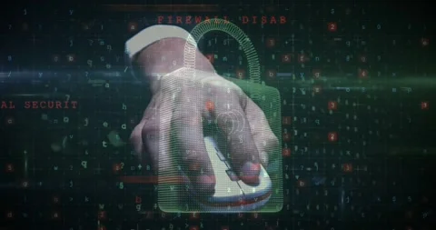 Animation of cyber attack warning over hand holding mouse Video stock 161421286