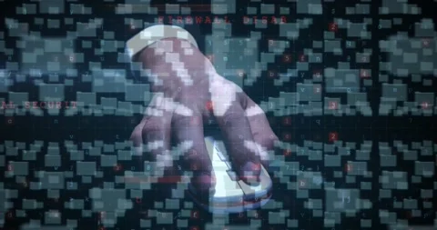 Animation of cyber attack warning over hand holding mouse Video stock 161421329