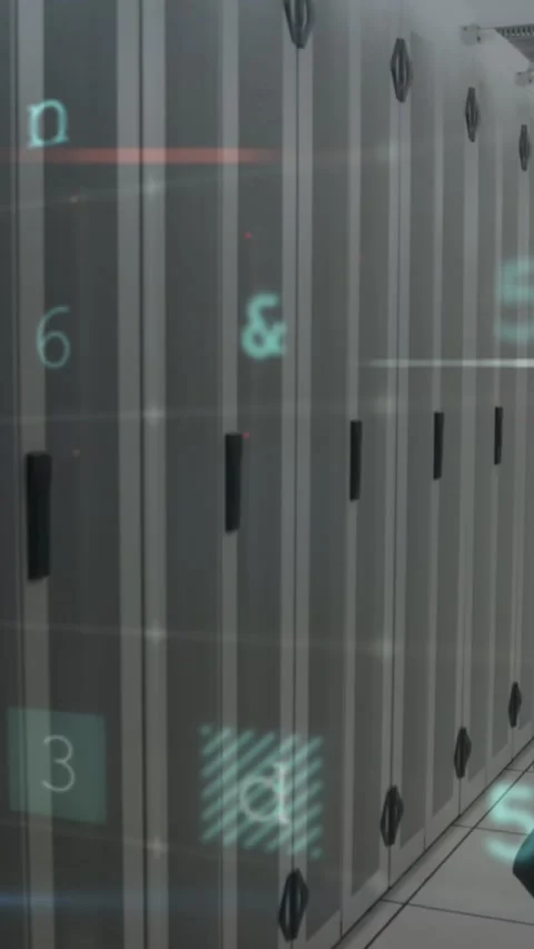 Animation of cyber attack warning over caucasian man in server room Stock Footage 344679188
