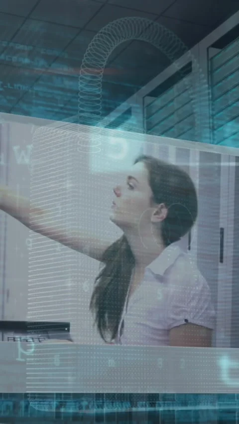 Animation of cyber attack warning over caucasian woman in server room Stock Footage 344693538
