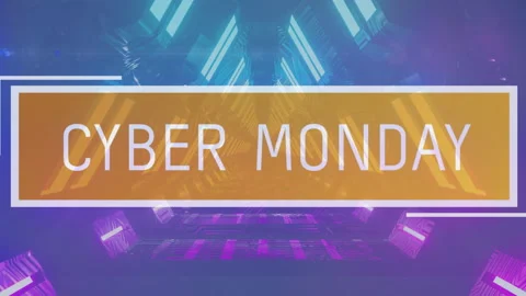 Animation of cyber monday text in orange box over blue rectangular lights on Stock Footage 260895801